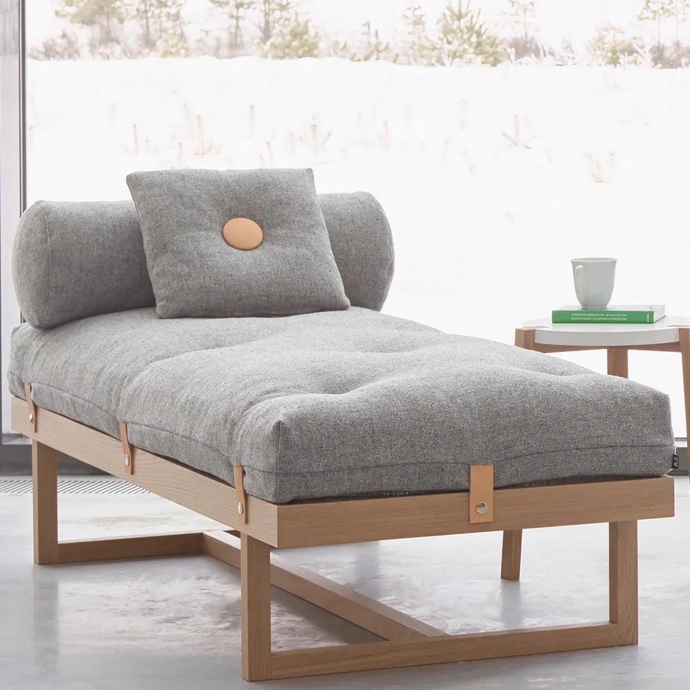 Stay day bed, Fabric grey. body in oiled oak A2