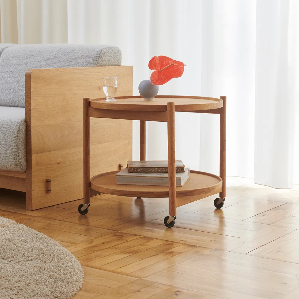 Bølling Tray Table model 60, Water, untreated oak stand Brdr. Krüger
