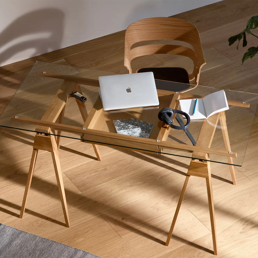 Arco desk, Oak clear lacquer incl. box, glass tabletop Design House Stockholm