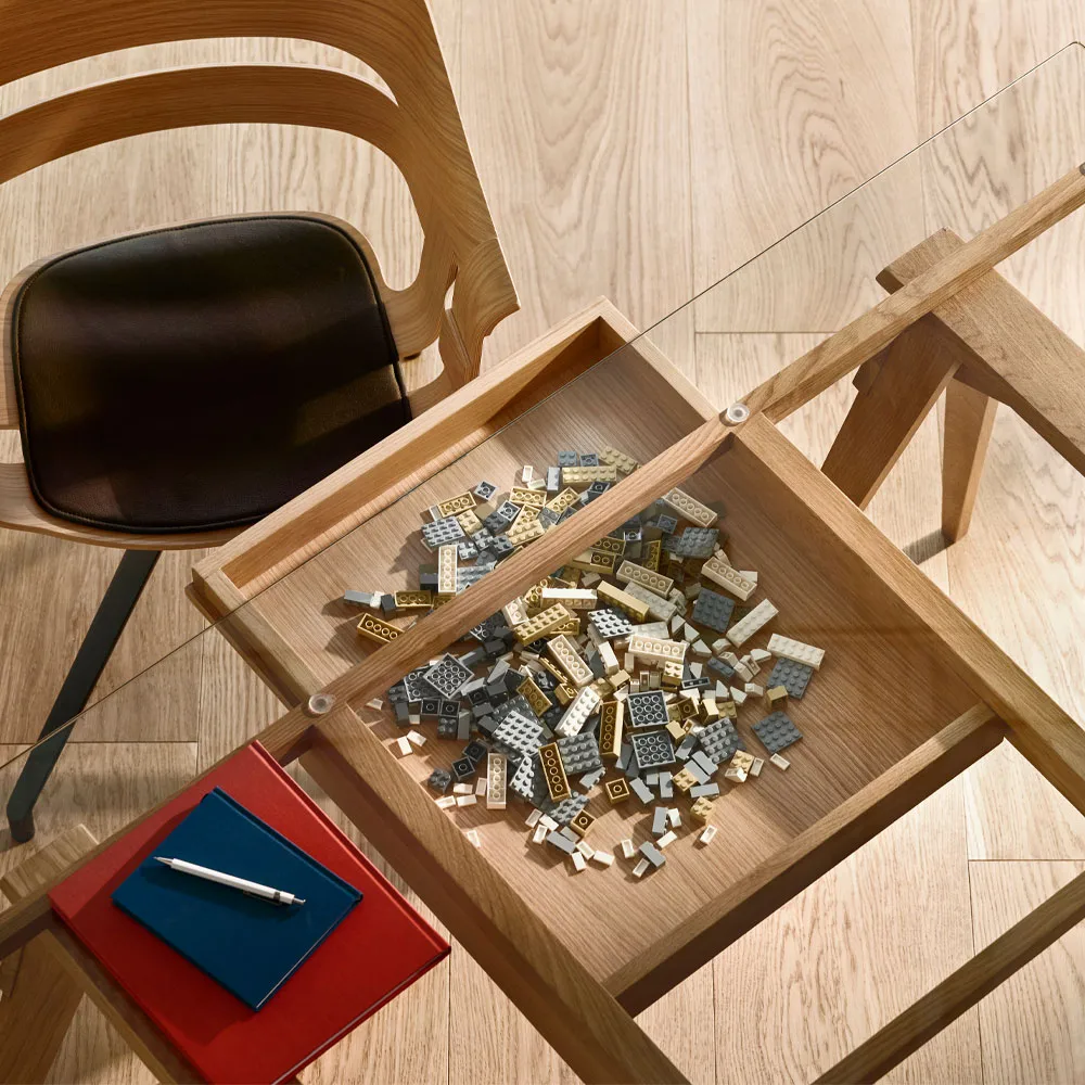 Arco desk, Oak clear lacquer incl. box, glass tabletop Design House Stockholm