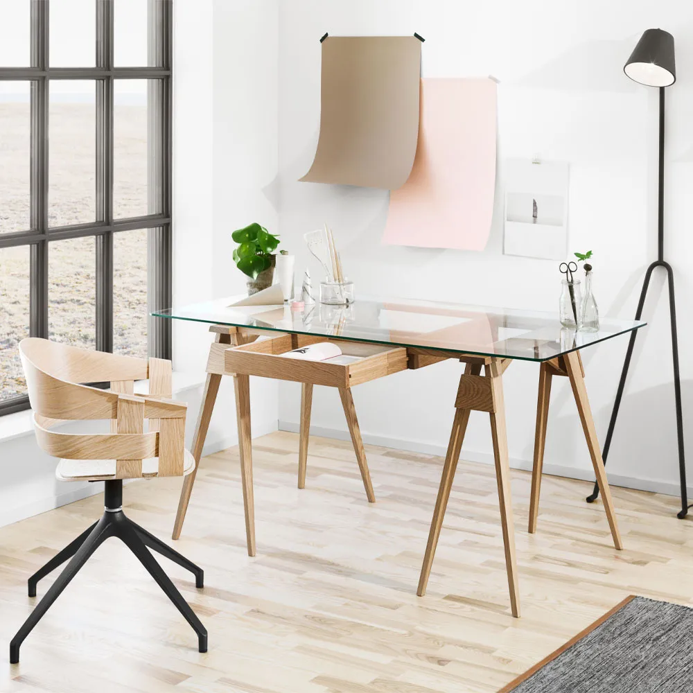 Arco desk, Oak clear lacquer incl. box, glass tabletop Design House Stockholm