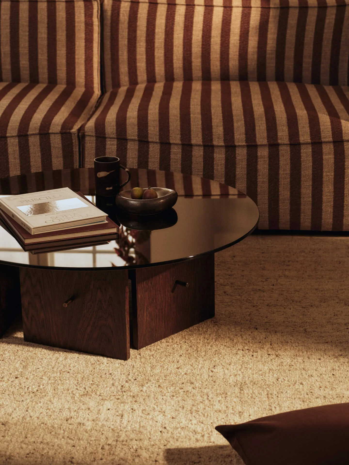 Aukko coffee table, Dark stained oak, glass, Ø90x32 cm Ferm Living