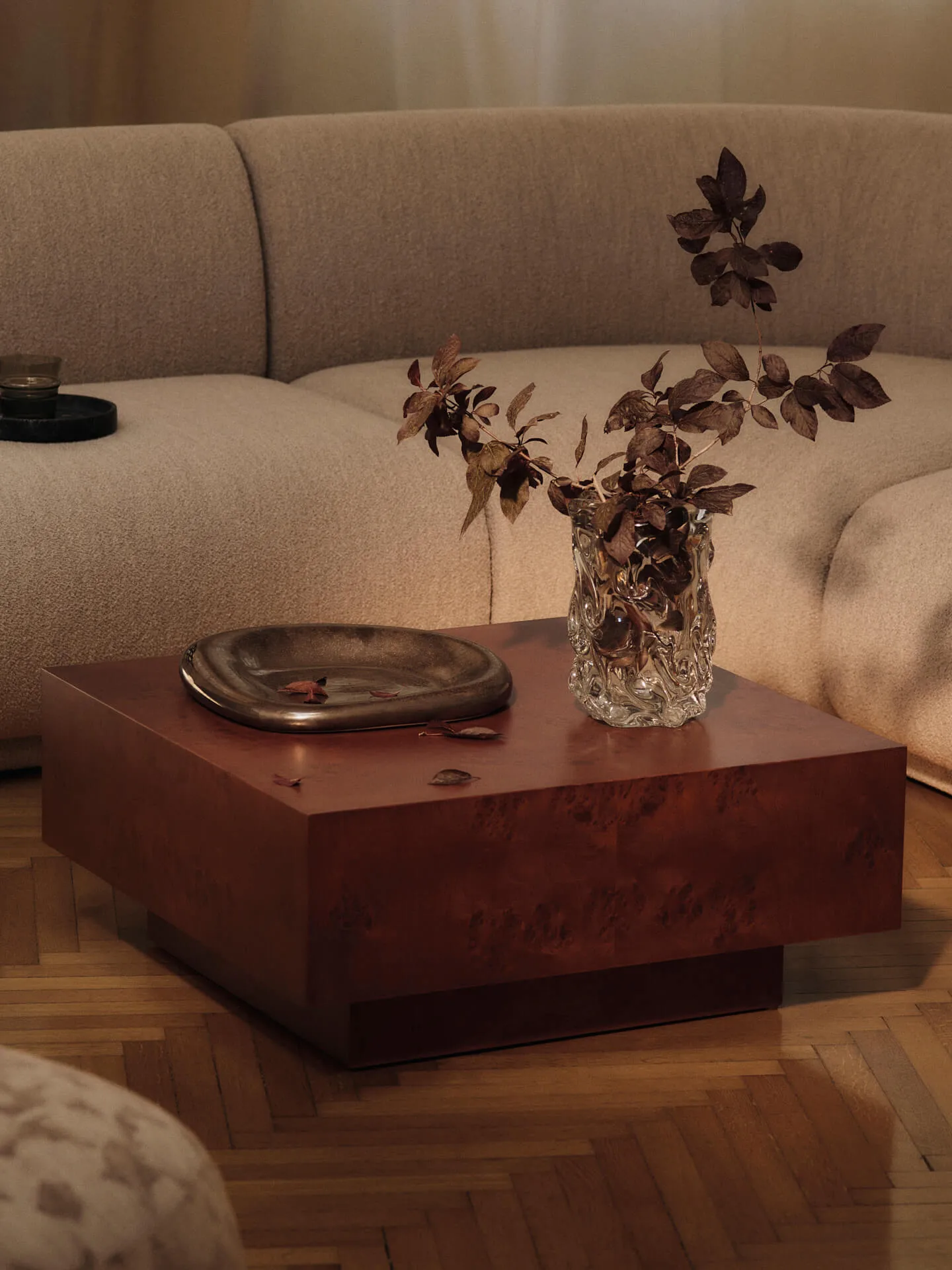Burl storage coffee table 70x70 cm, Dark stained burl Ferm Living