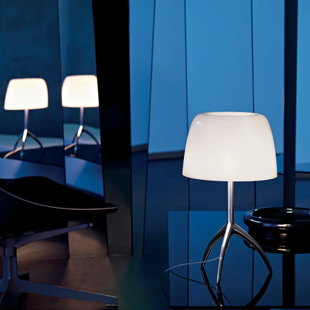Lumiere Piccola Dimmable table lamp, Warm white shade–black chrome base Foscarini