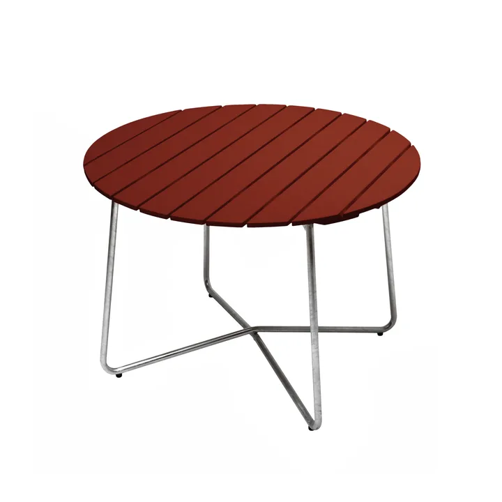 9A dining table - Dark red lacquered oak–hot-dip galvanised frame Ø100 cm - Grythyttan Stålmöbler
