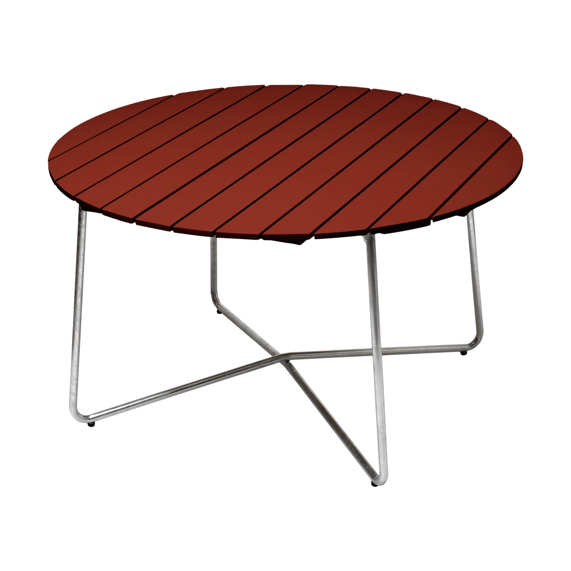 9A dining table, Dark red lacquered oak–hot-dip galvanised frame Ø120 cm Grythyttan Stålmöbler