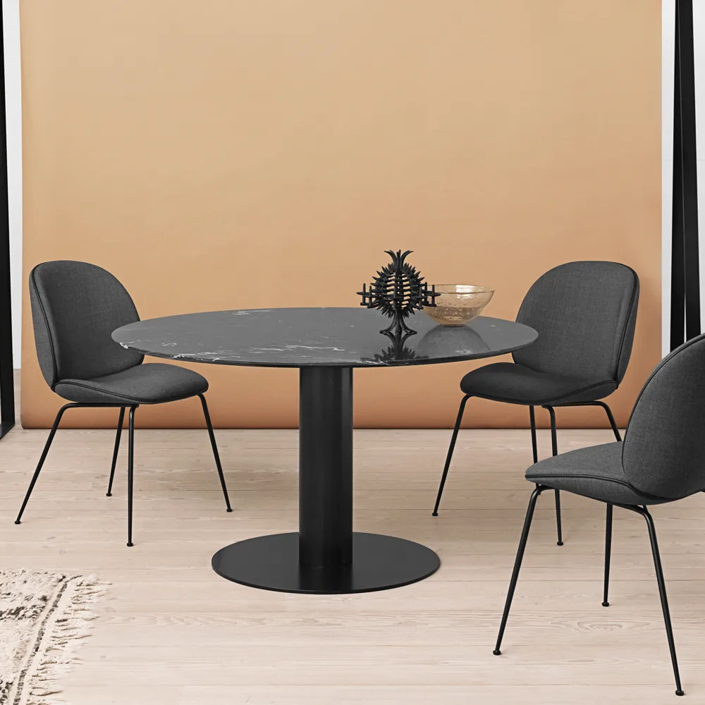 Gubi 2.0 dining table, Marble white. ø110. black stand GUBI