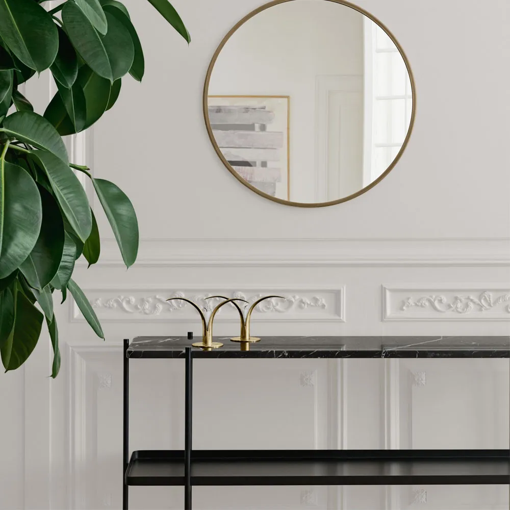 TS Console table 120x30x72 cm, Green guatemala marble, black legs, 2 marble shelves GUBI