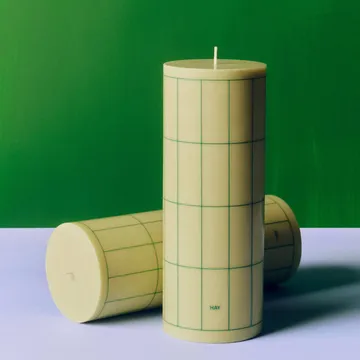 Column Candle pillar candle large 25 cm - Light green with dark green grid check - HAY