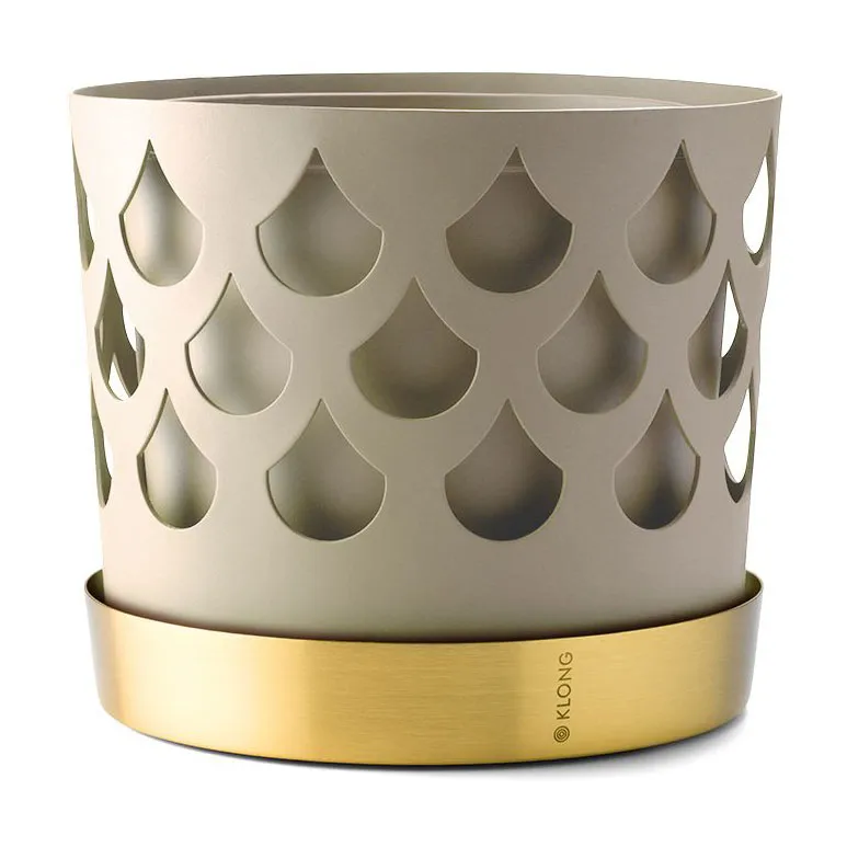 Trio Drop flower pot beige with saucer in brass, Medium Ø18 cm KLONG