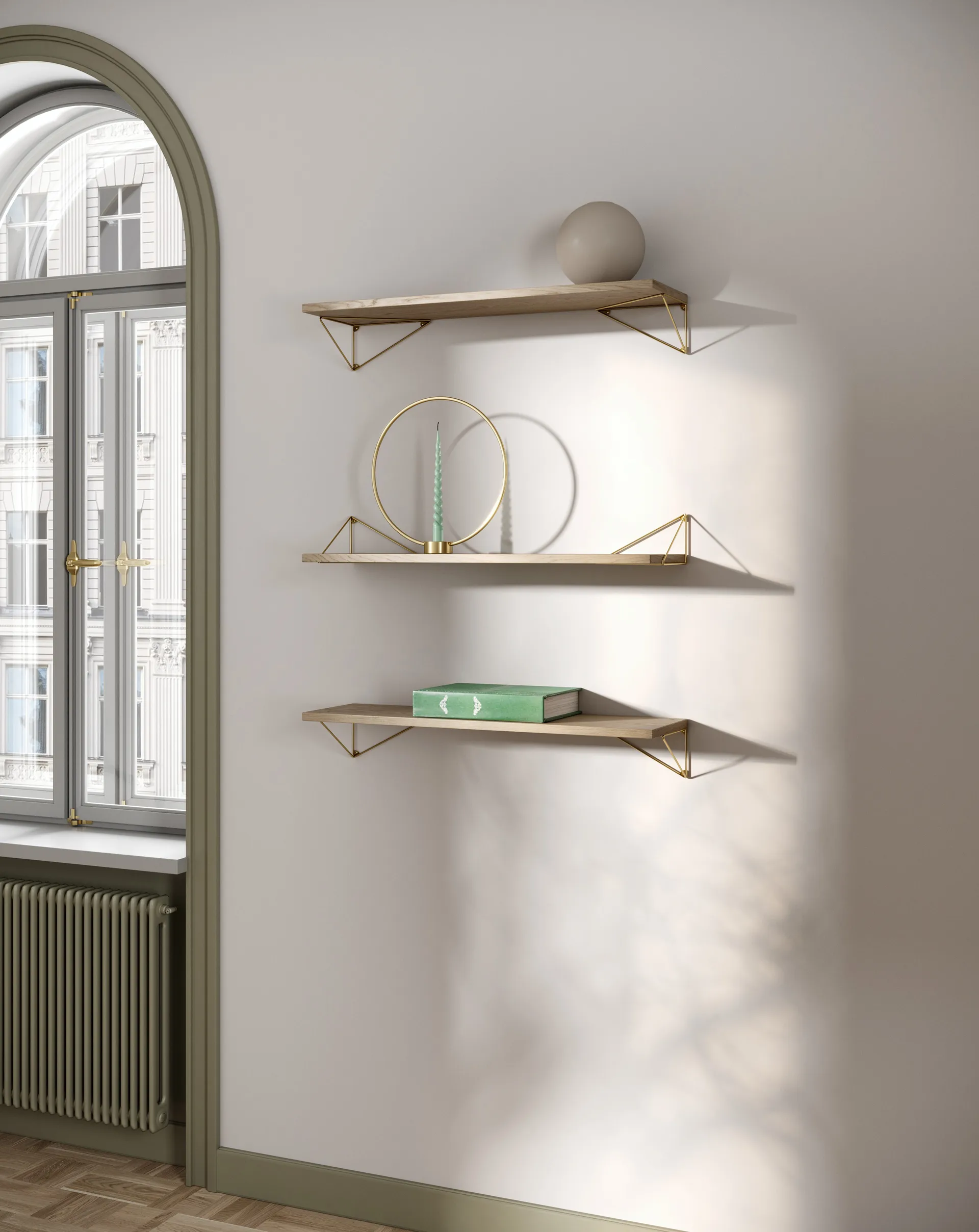 Pythagoras Bundle A shelving system oak-brass,  Maze