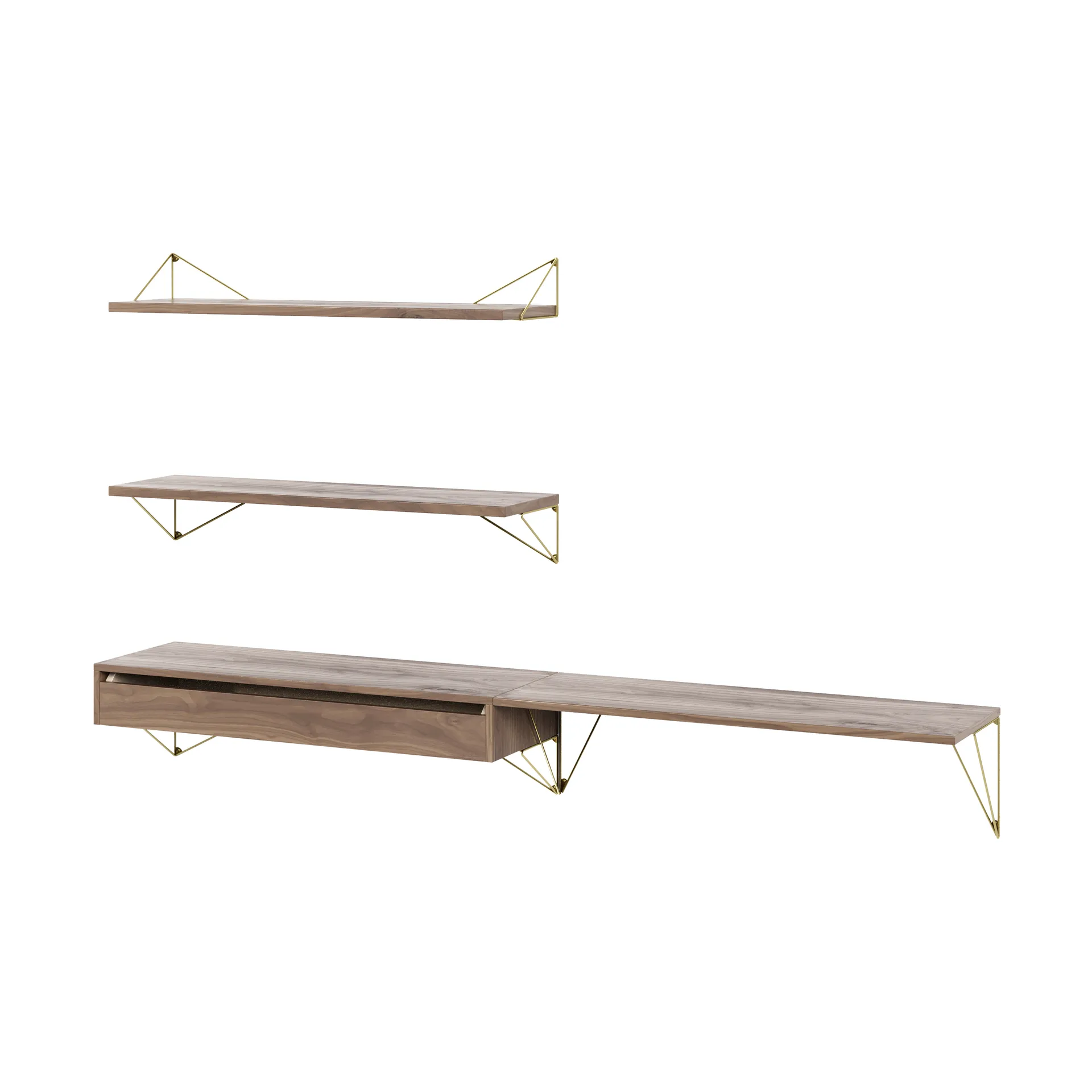 Pythagoras Bundle D shelving system walnut-brass,  Maze