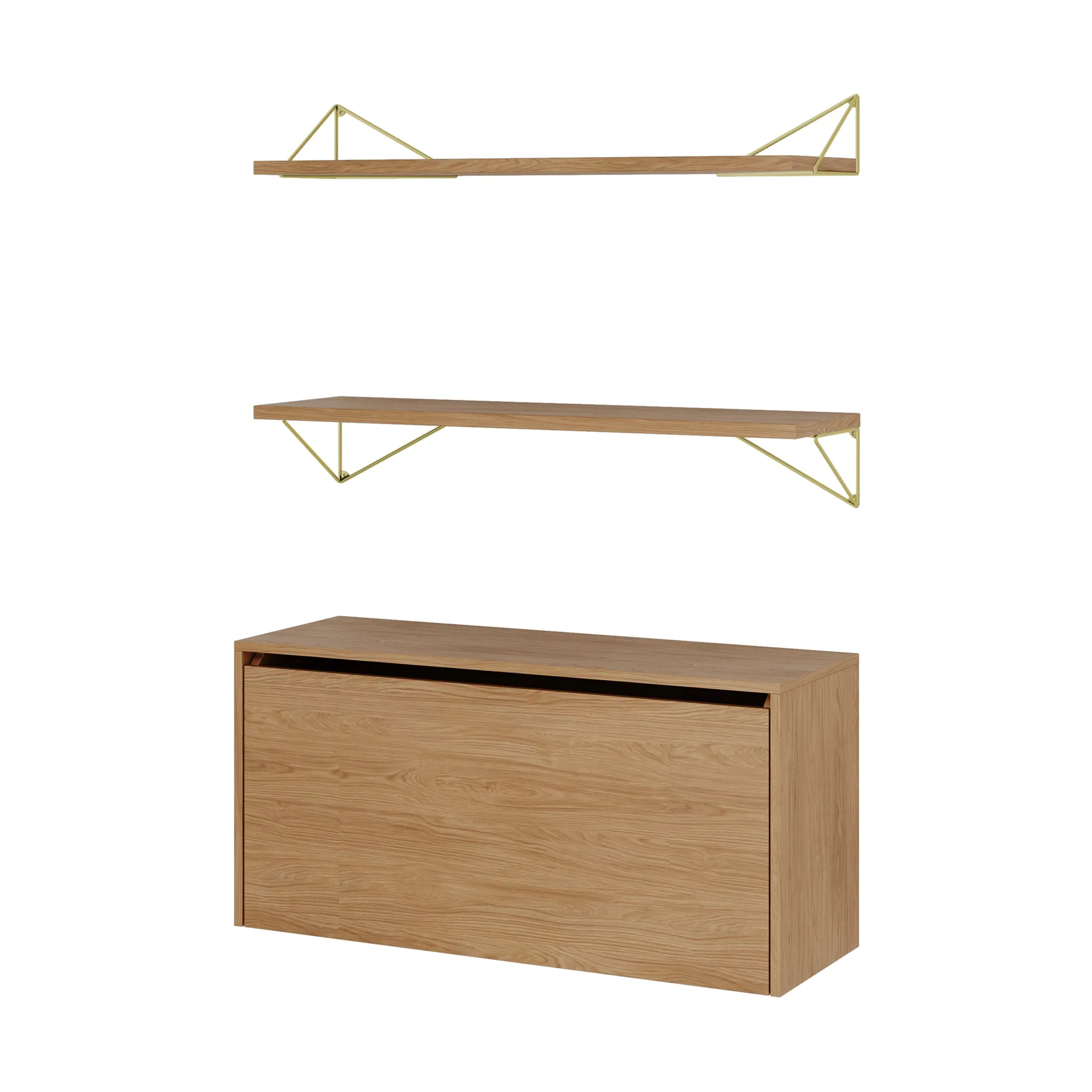 Pythagoras Bundle F shelving system oak-brass,  Maze
