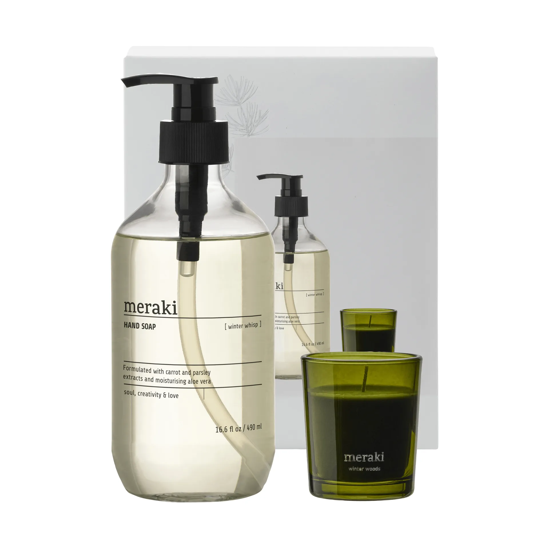 Meraki gift set hand soap and scented candle, Winter whisp, winter woods Meraki