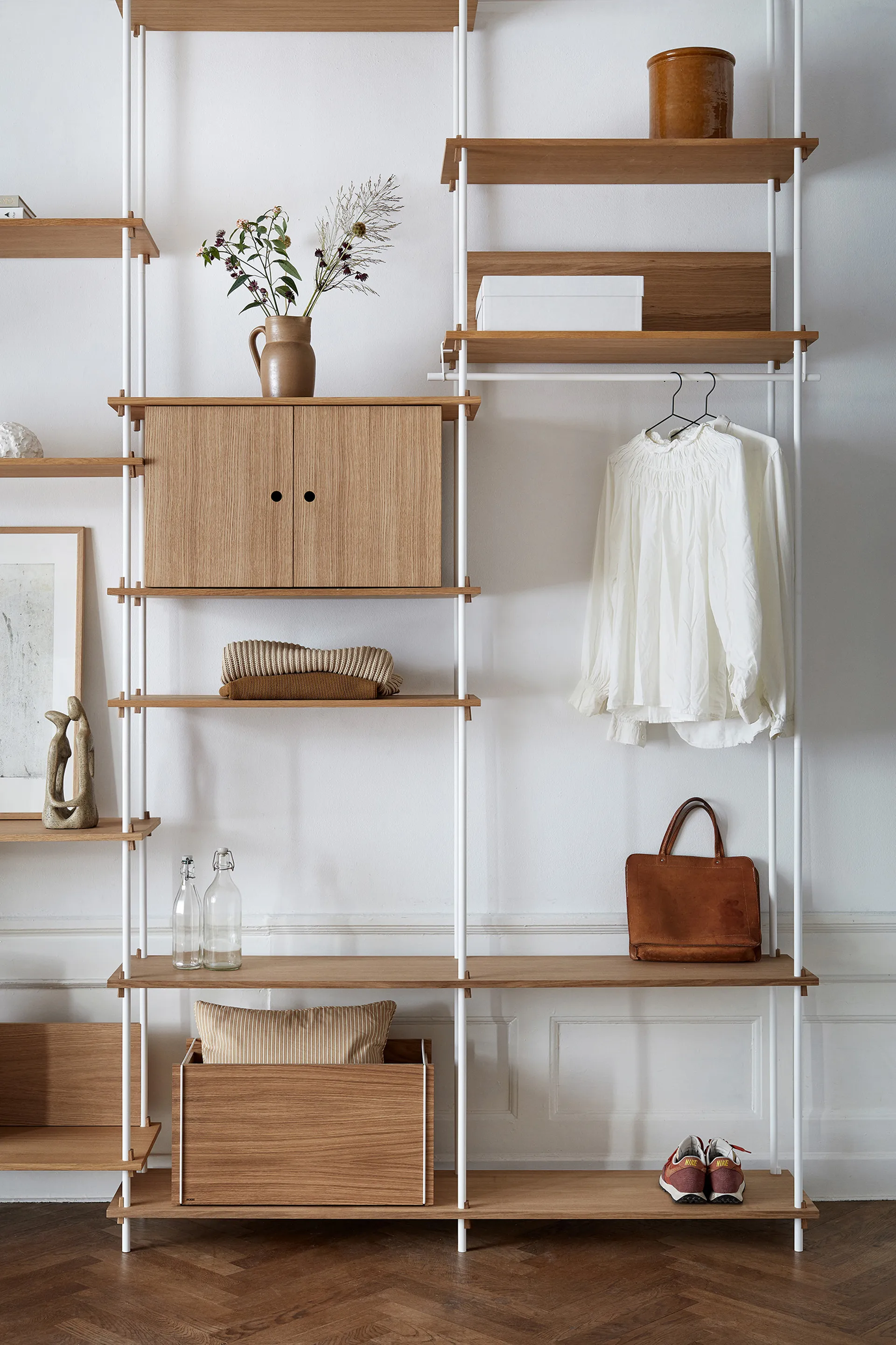 Shelving System shelf with cabinet, Oak-warm grey, 163x85x35 cm, S.85.2.C MOEBE