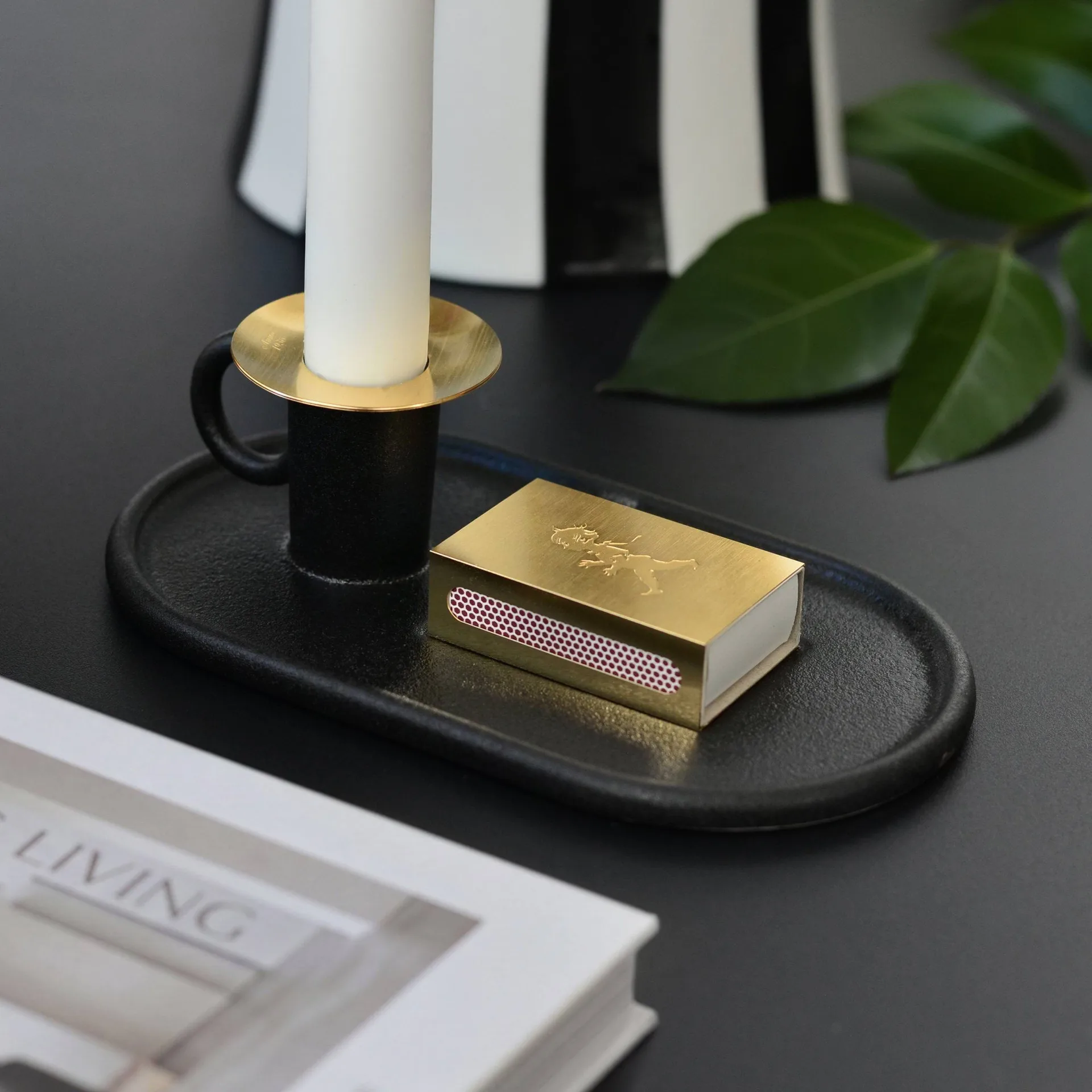 Chamber candlestick with matchbox holder, Black Solstickan Design