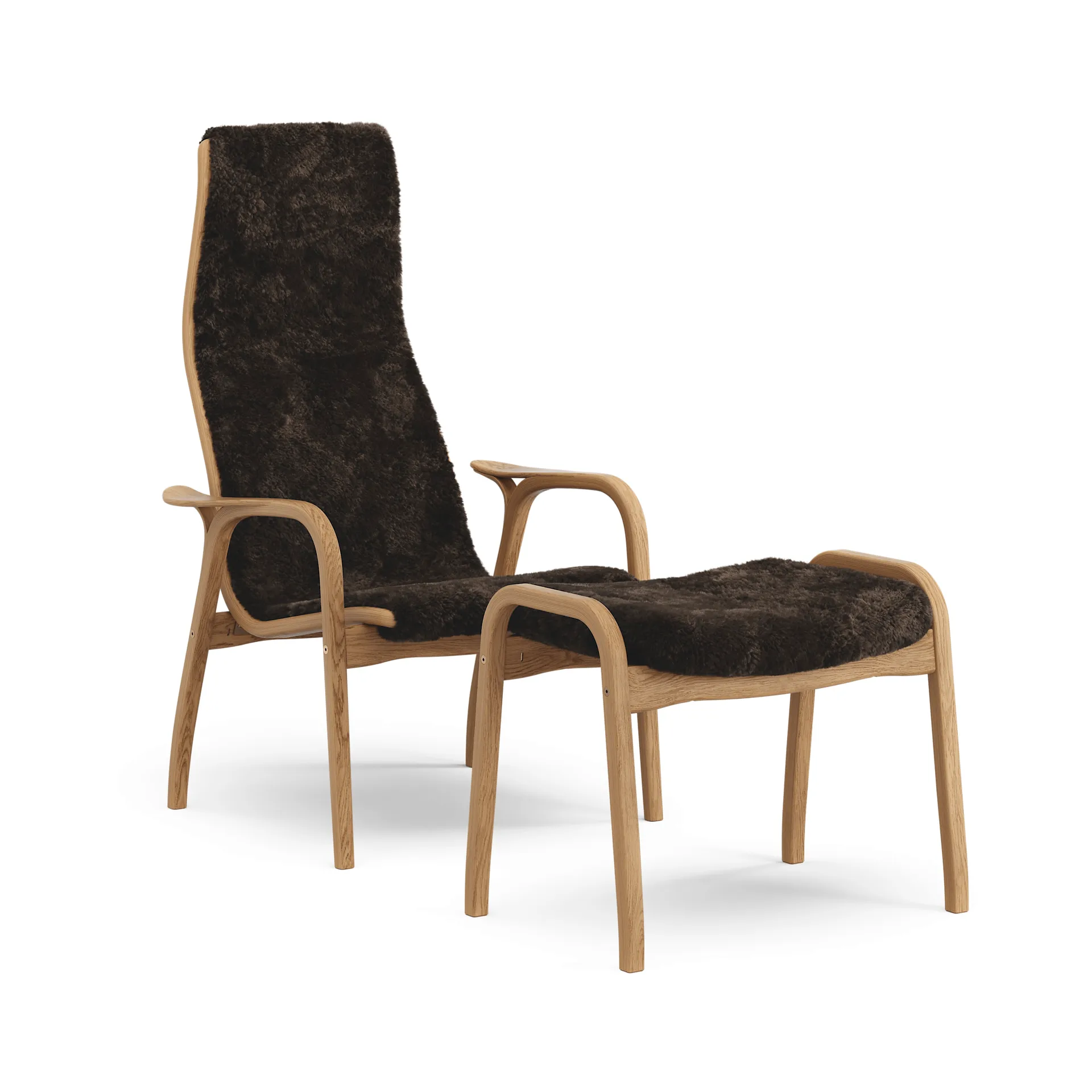 Lamino armchair and footstool, Sheepskin Espresso-oiled oak Swedese