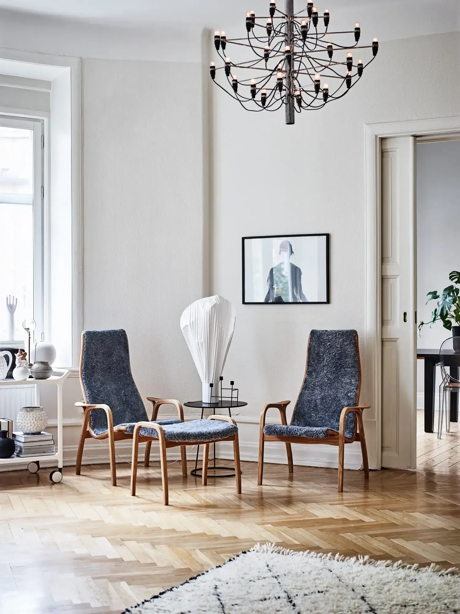 Lamino armchair and footstool, Sheepskin Scandinavian grey-oiled oak Swedese