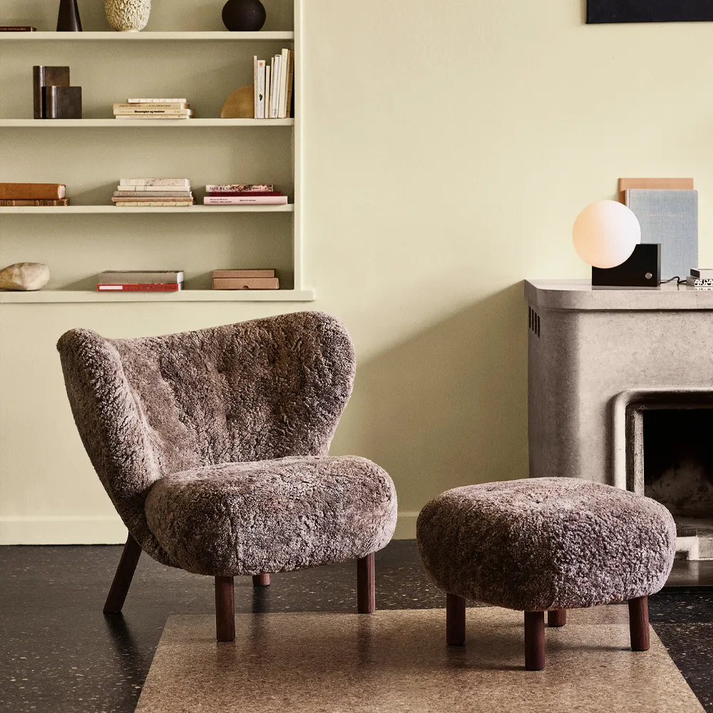 Little Petra ATD1 footstool, Sheepskin Sahara-oak legs oiled &Tradition