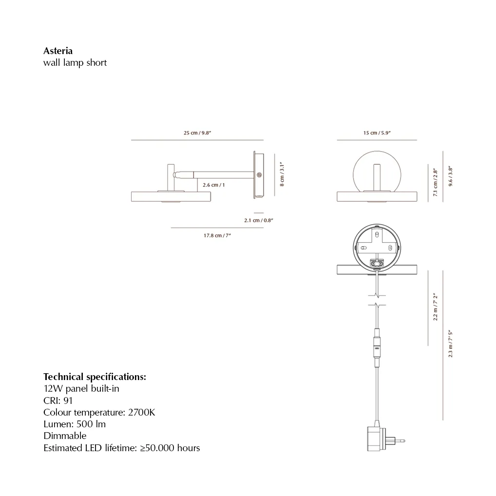 Asteria Wall wall lamp, Short, Black-chrome Umage