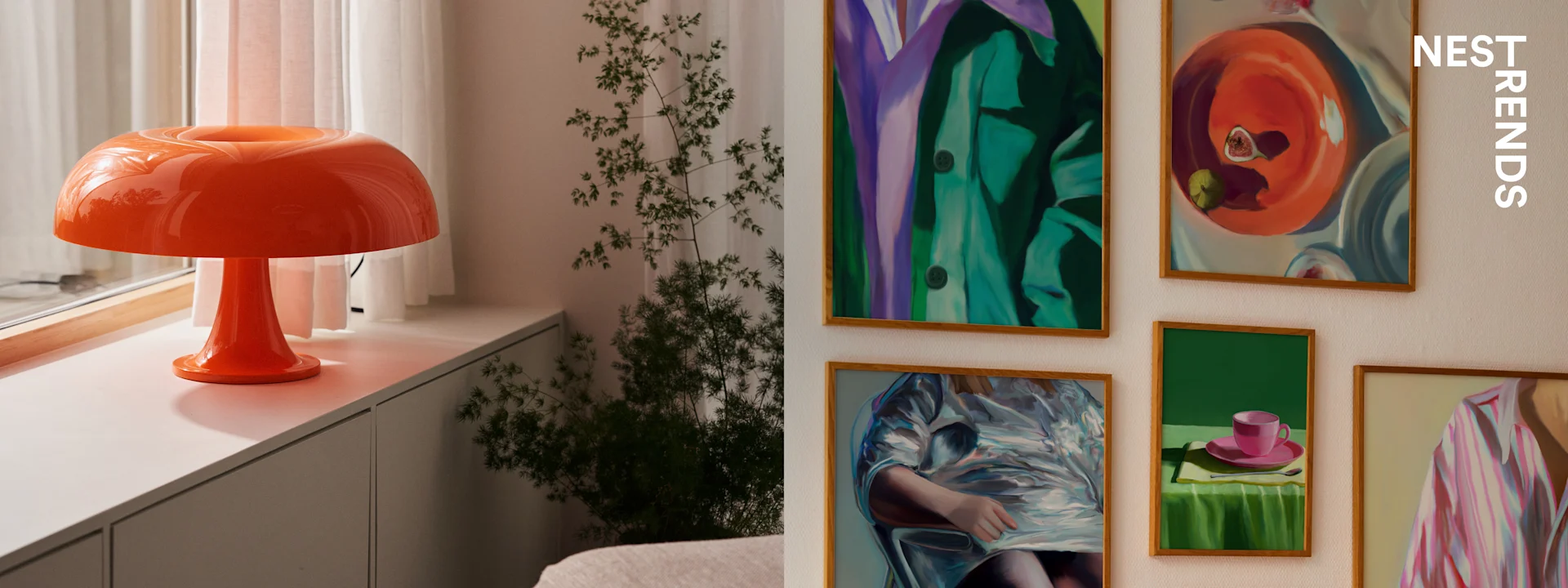 An orange mushroom-shaped lamp on a white cabinet, next to a leafy green plant. A gallery wall on the right features framed abstract art.