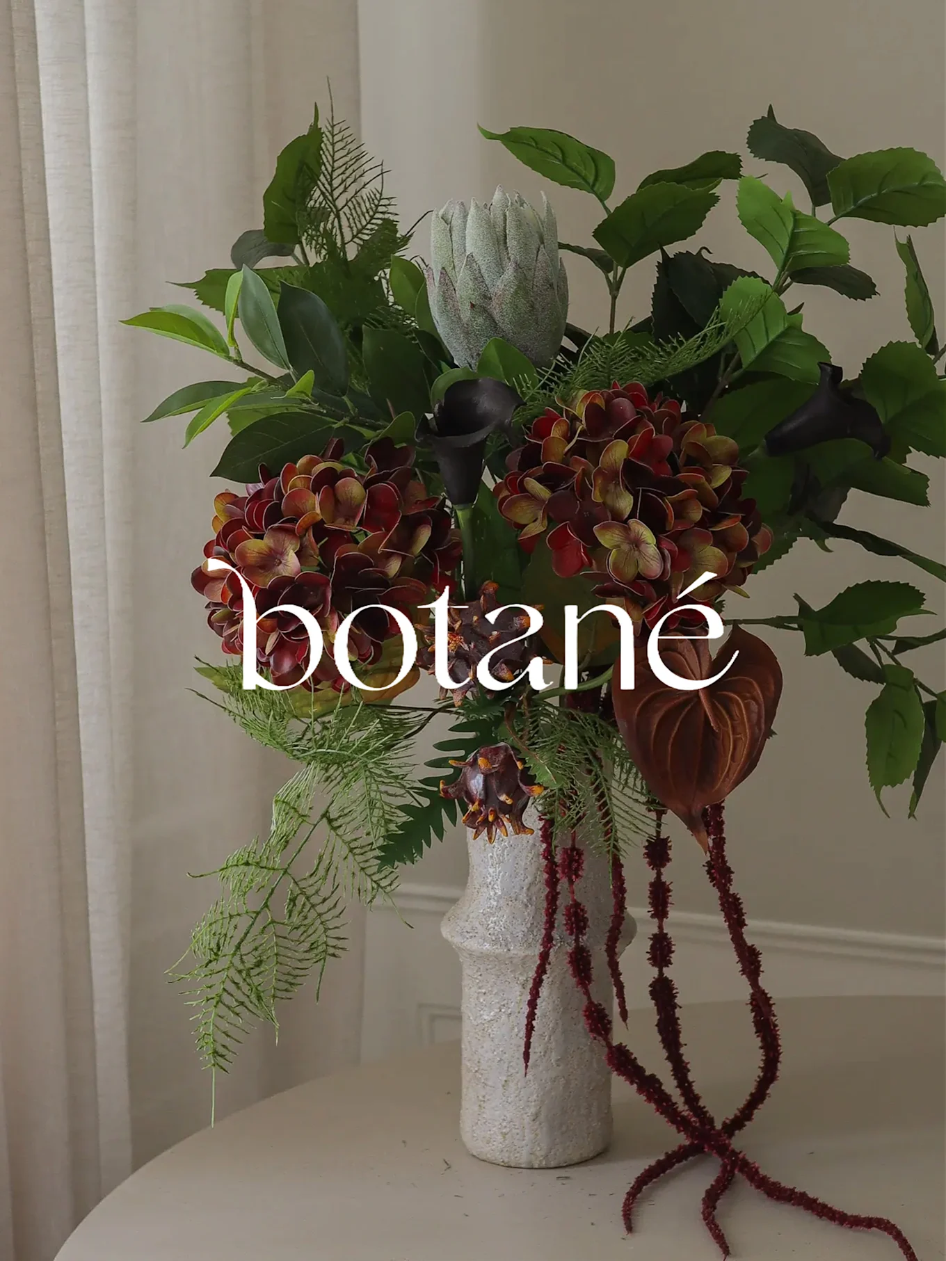 A floral arrangement with red hydrangeas, a protea, and black calla lilies in a white vase, with 'botané' overlaid.