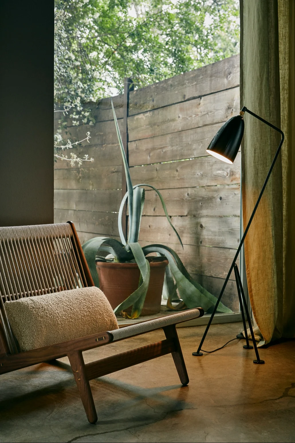 Modern lounge chair with woven seat, beige cushion, and black floor lamp, beside a potted agave plant by a window.