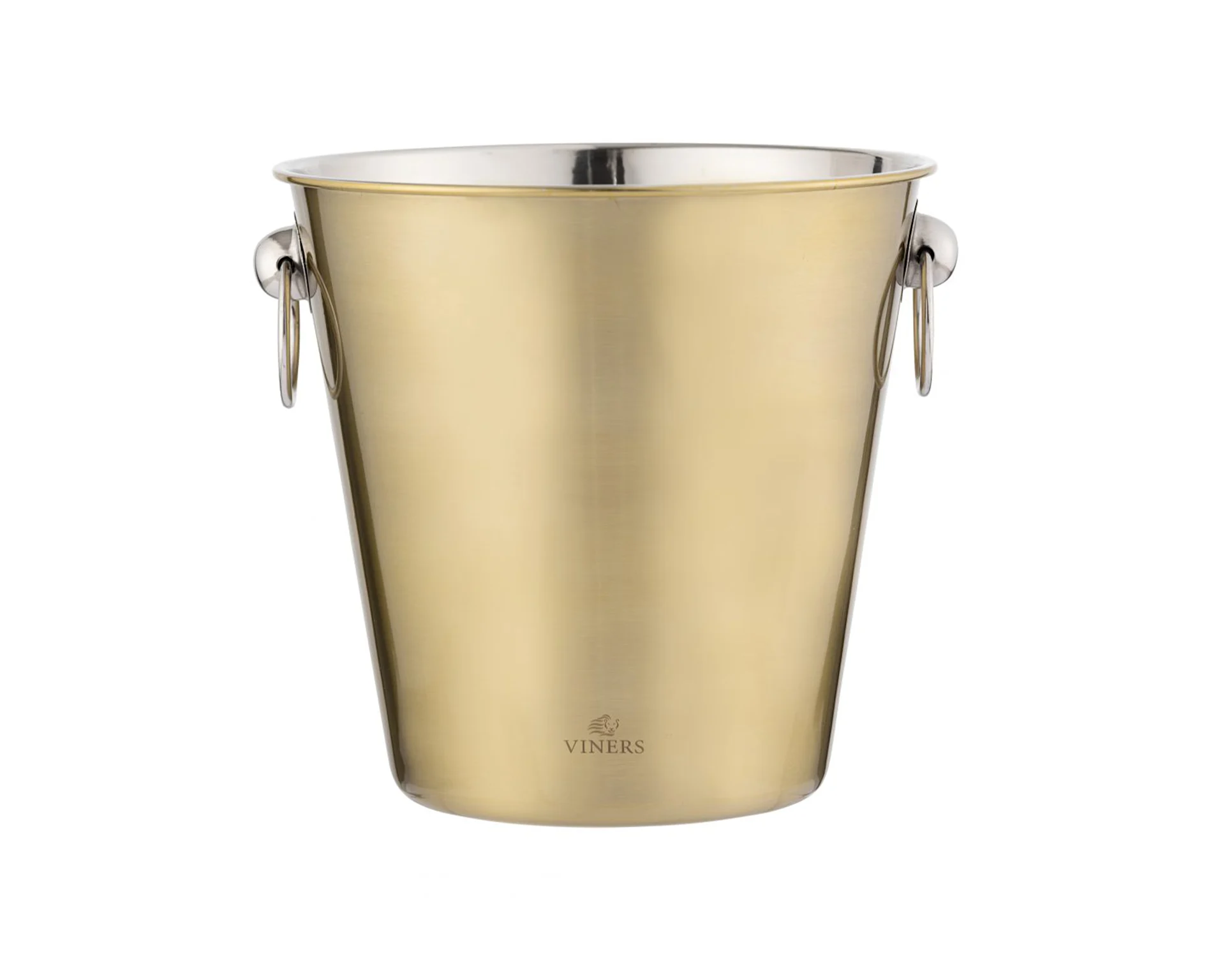Brushed gold wine cooler bucket with a silver rim and two ring handles, featuring the VINERS logo.