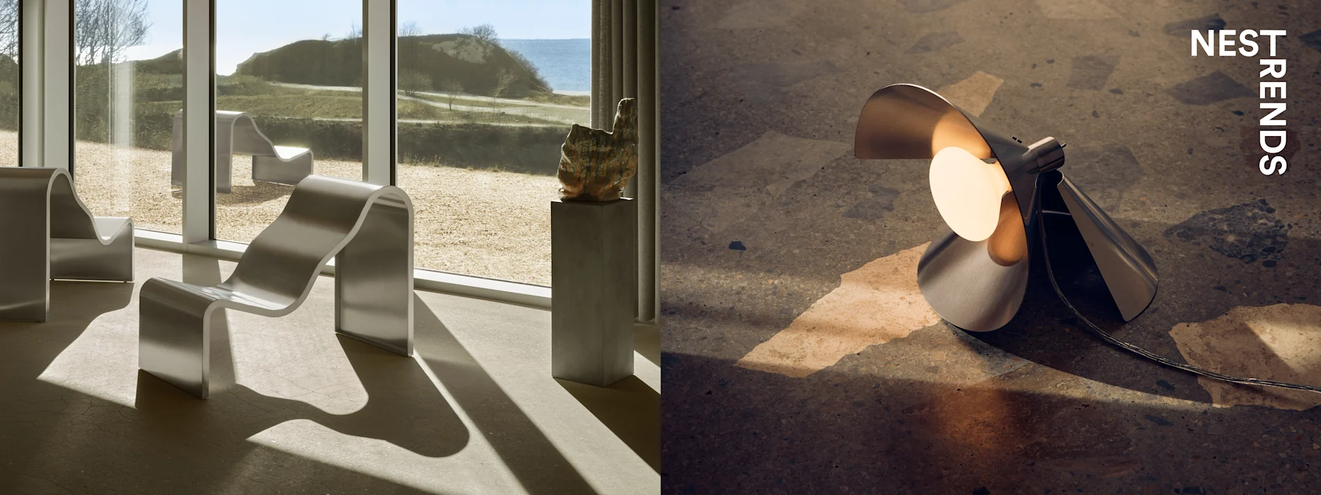 Left: Shiny silver dessert cups, some holding yellow pears. Right: A modern, metallic lamp illuminates a textured floor. 'NEST TRENDS' text.