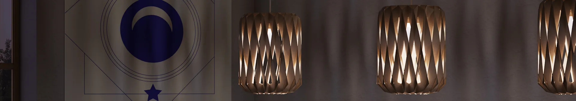 Three illuminated pendant lights with geometric shades in a dim room, next to a wall featuring a blue spiral and star pattern.