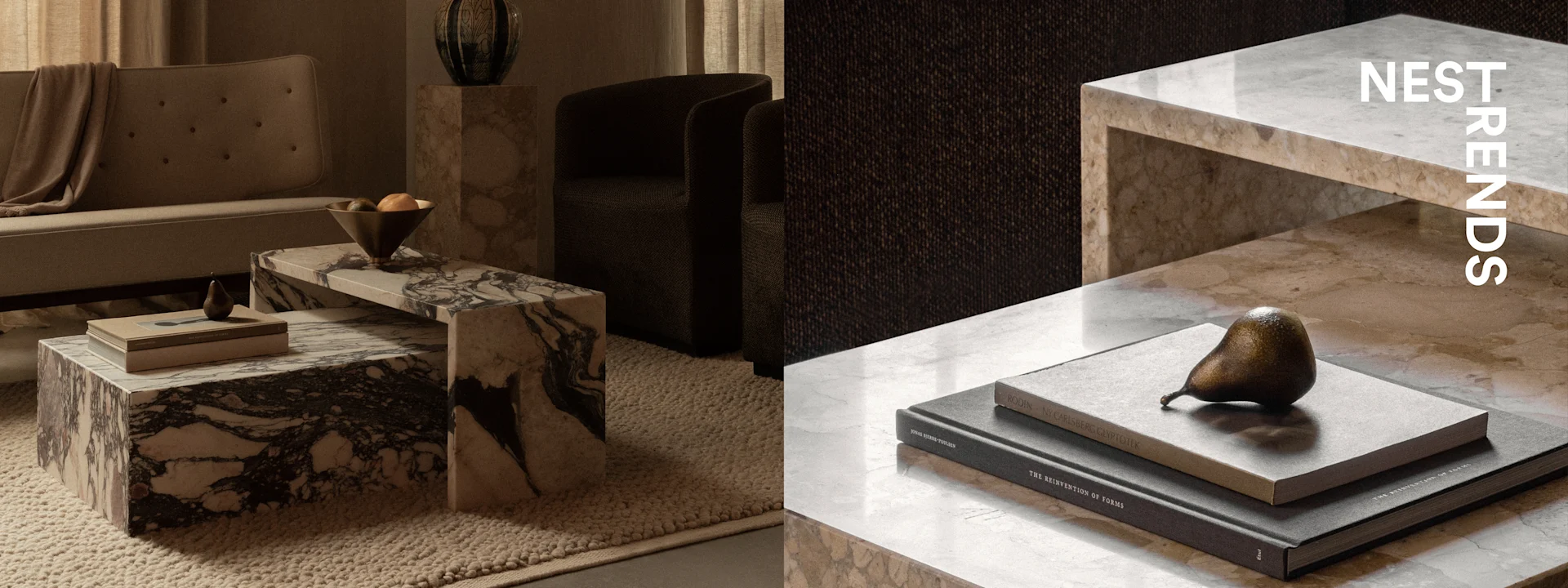 Luxurious living room with marble coffee tables, light sofa, dark armchair, and decorative objects. Text 'NEST TRENDS'.